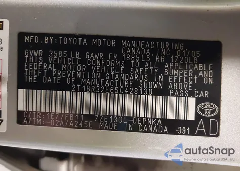 2005 Toyota Corolla Le from USA, damaged, VIN 2T1BR32E65C428130